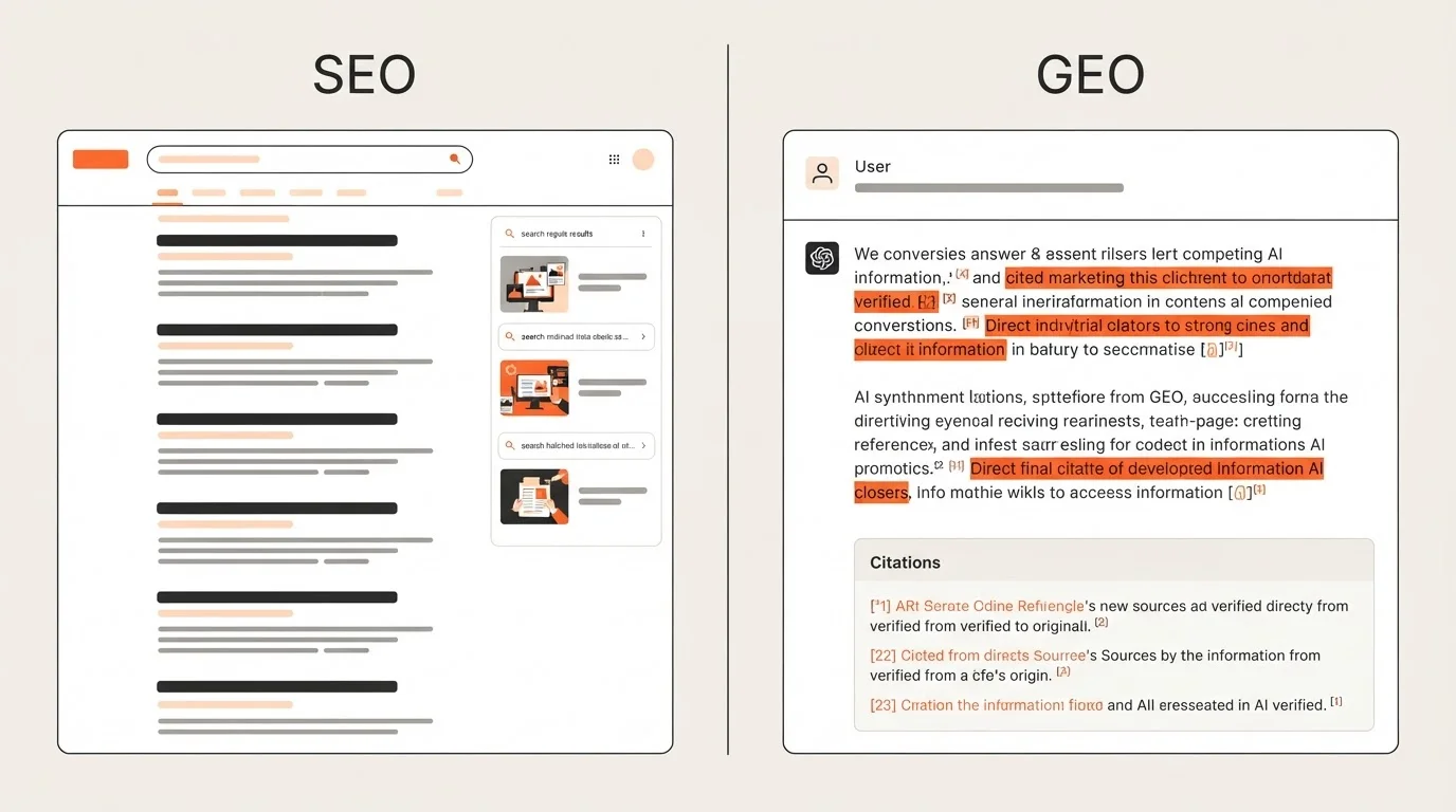 Comparison of traditional search engine results and generative engine citations.