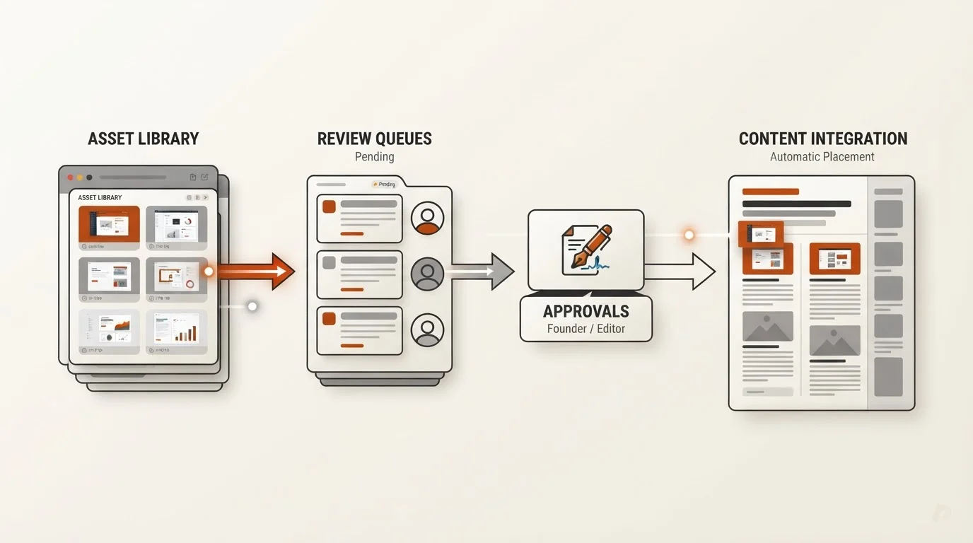 Workflow diagram showing how product visuals are scaled through an asset library, review queues, and approvals, streamlining their integration into product-led content.
