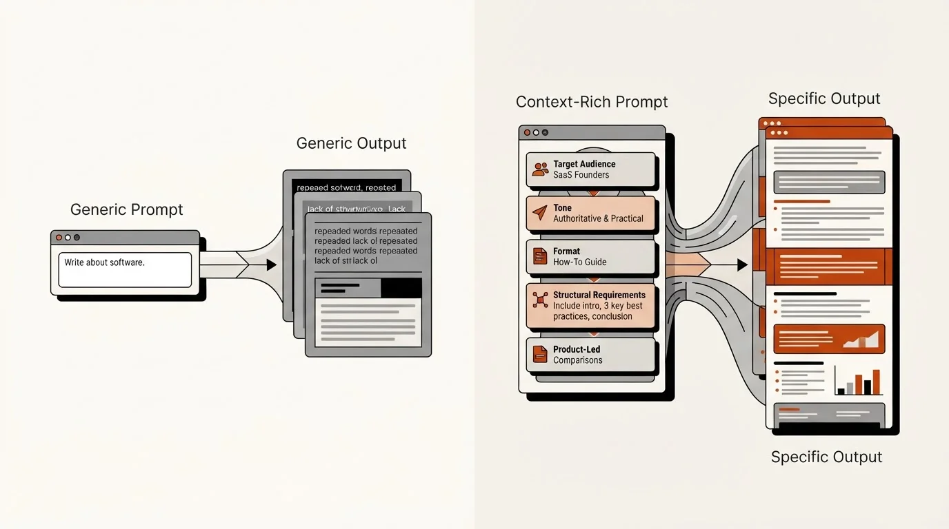 Comparison showing how a generic prompt leads to bland content versus a context-rich, multi-layered prompt (including audience, tone, format, and structure) leading to specific and nuanced content.