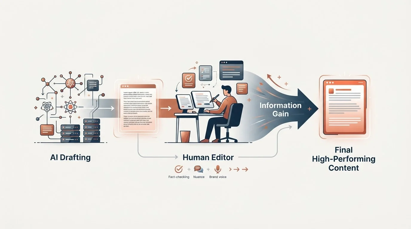 Workflow diagram illustrating AI generating a content draft, followed by a human editor who adds nuance, fact-checks, and injects 'Information Gain' to produce high-performing content.