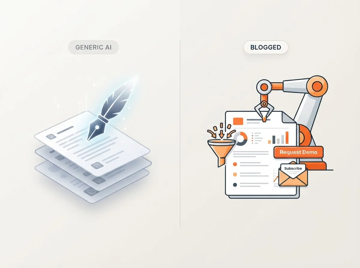 Visual comparison between generic AI writing and product-grounded content.