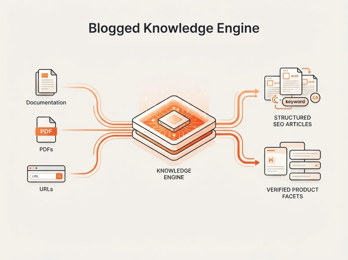 Diagram of the Blogged Knowledge Engine transforming documentation into SEO content.