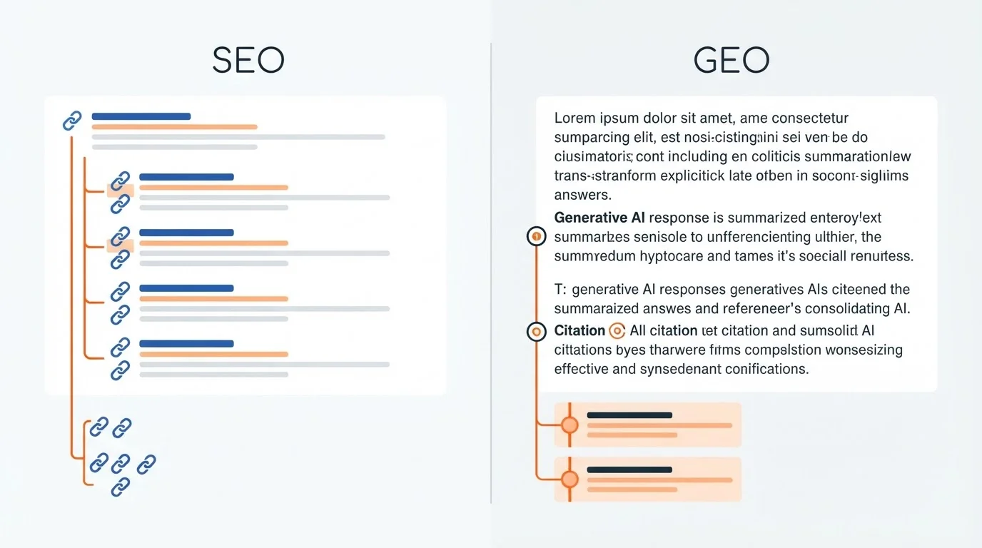 Comparison of traditional search SEO and generative engine optimization GEO