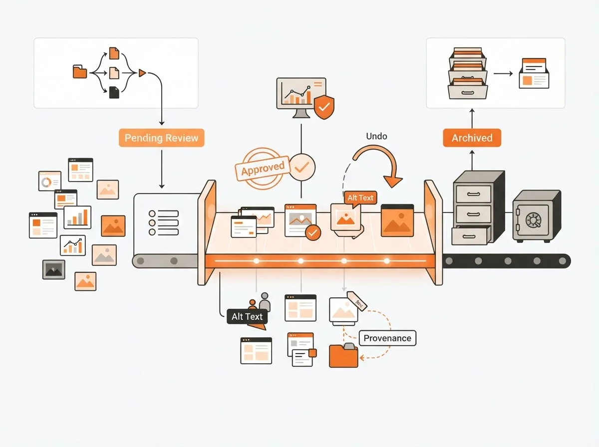 Dashboard view of a SaaS product asset library with review queues and approval status.