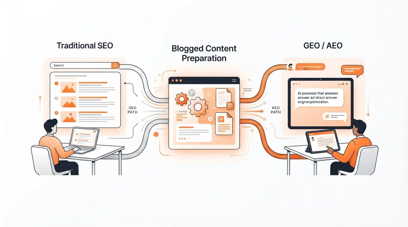 Conceptual diagram comparing SEO, GEO, and AEO. One path shows traditional search engine optimization for 'Google search results' and 'ranking.' The other path shows 'generative engine optimization' and 'answer engine optimization' for 'AI-generated answers' and 'conversational search results,' with Blogged content optimizing for both.