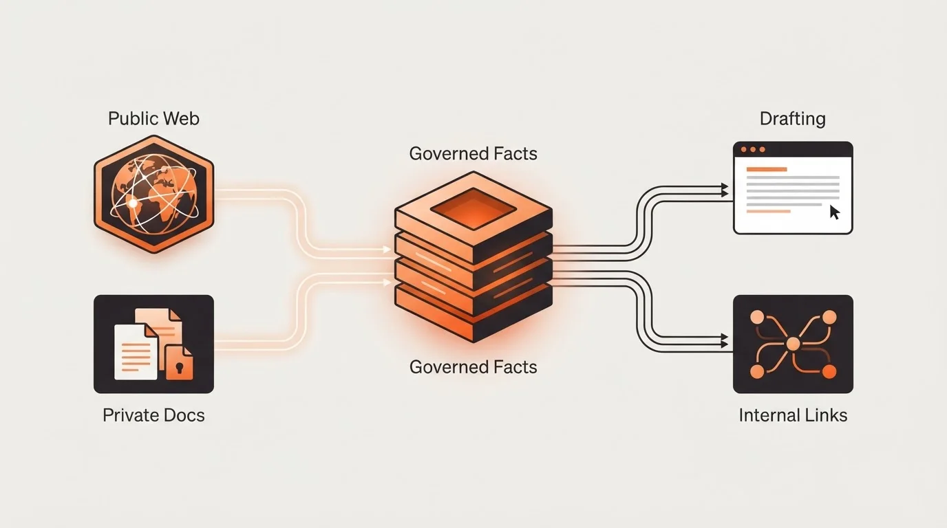 Diagram of the Blogged Knowledge Engine showing how public and private sources feed into governed facts for AI drafting.