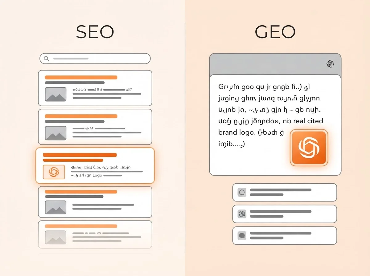 Graphic comparing traditional search engine results (SEO) with AI-generated answers (GEO) highlighting brand citations.