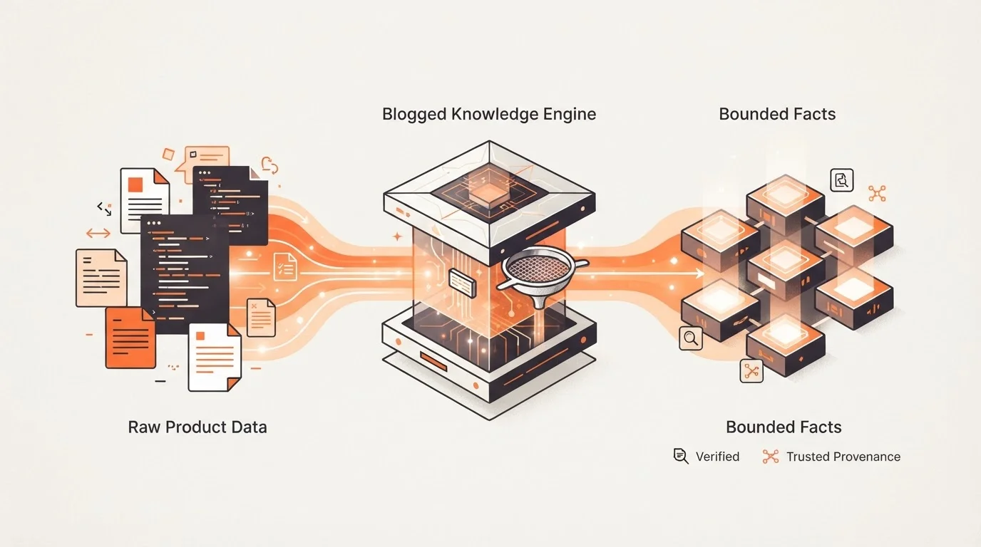 Diagram showing product data being organized into bounded facts for SaaS content.