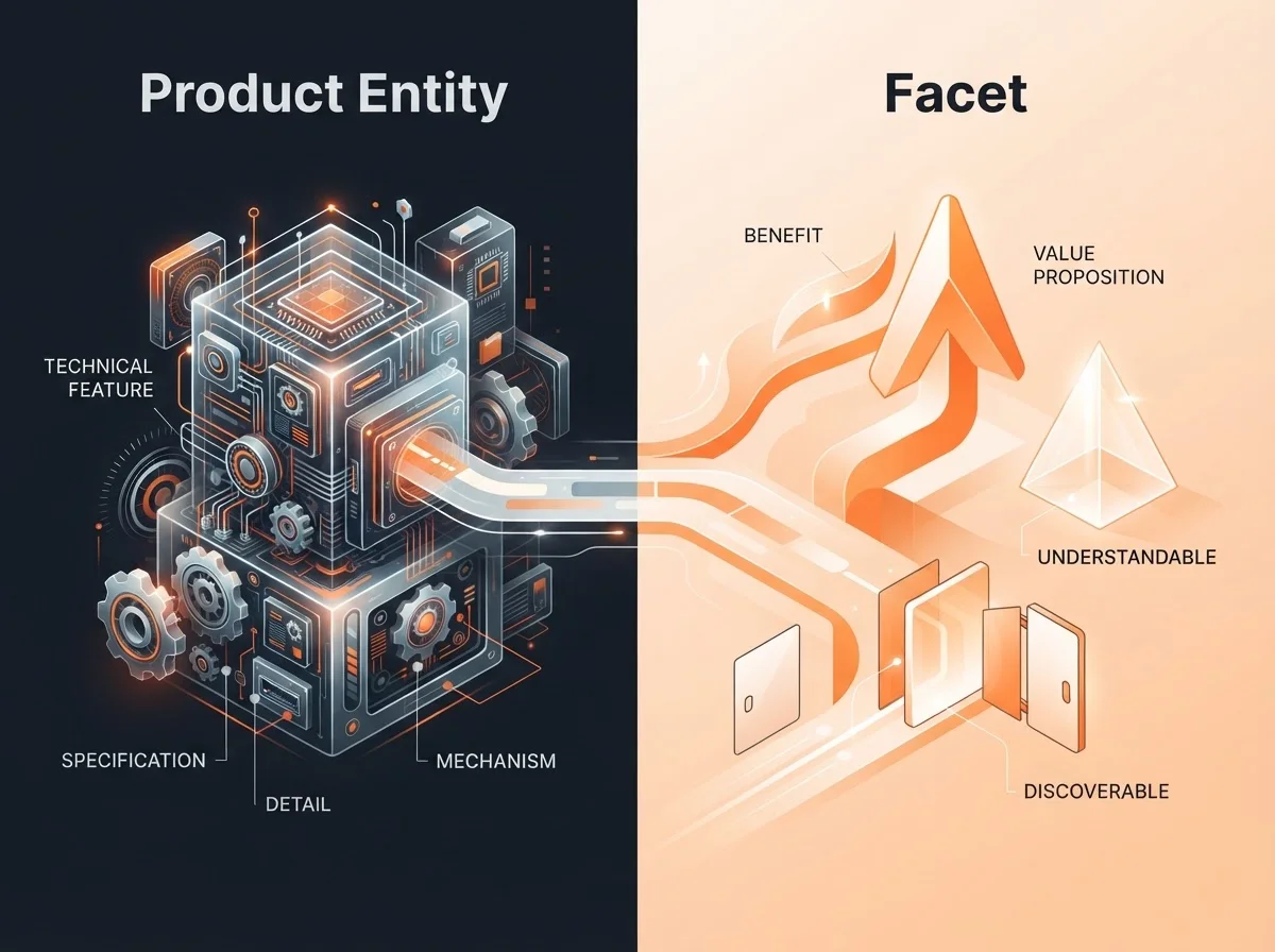 Visual comparison of technical product features versus user-focused benefits.