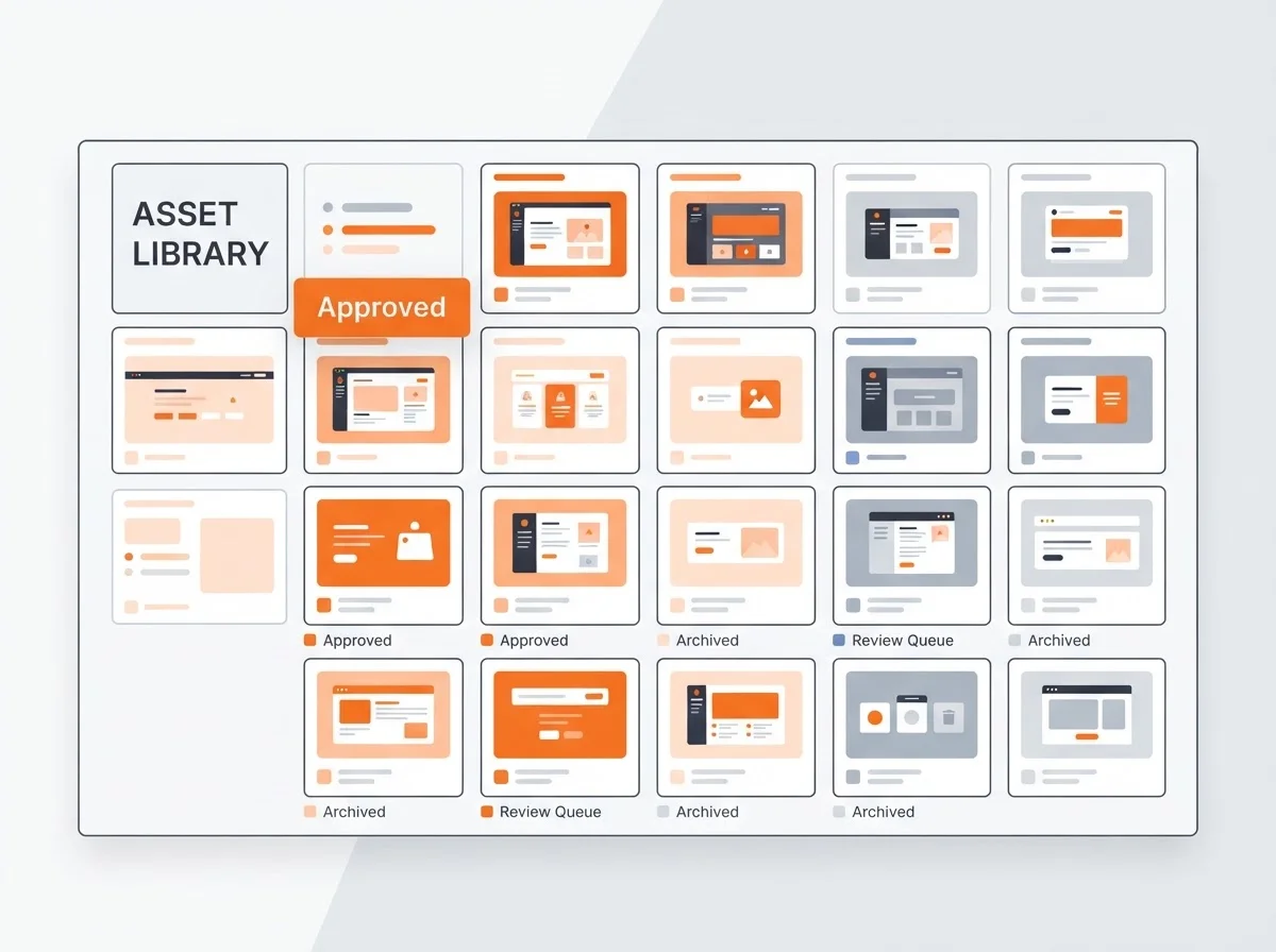 Dashboard view of the Blogged asset library with review queues and approvals.