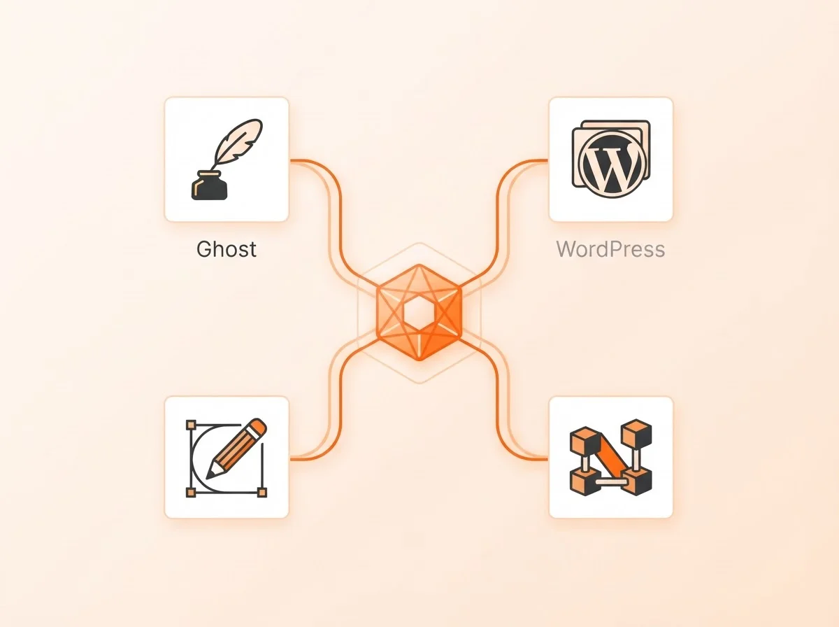 Dashboard view showing CMS integration options including Ghost and WordPress.