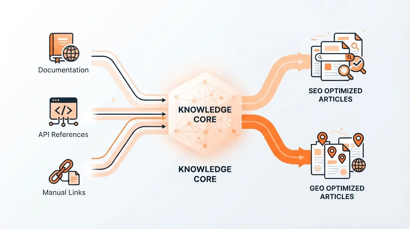 Diagram showing how product documentation is transformed into autonomous SEO content.