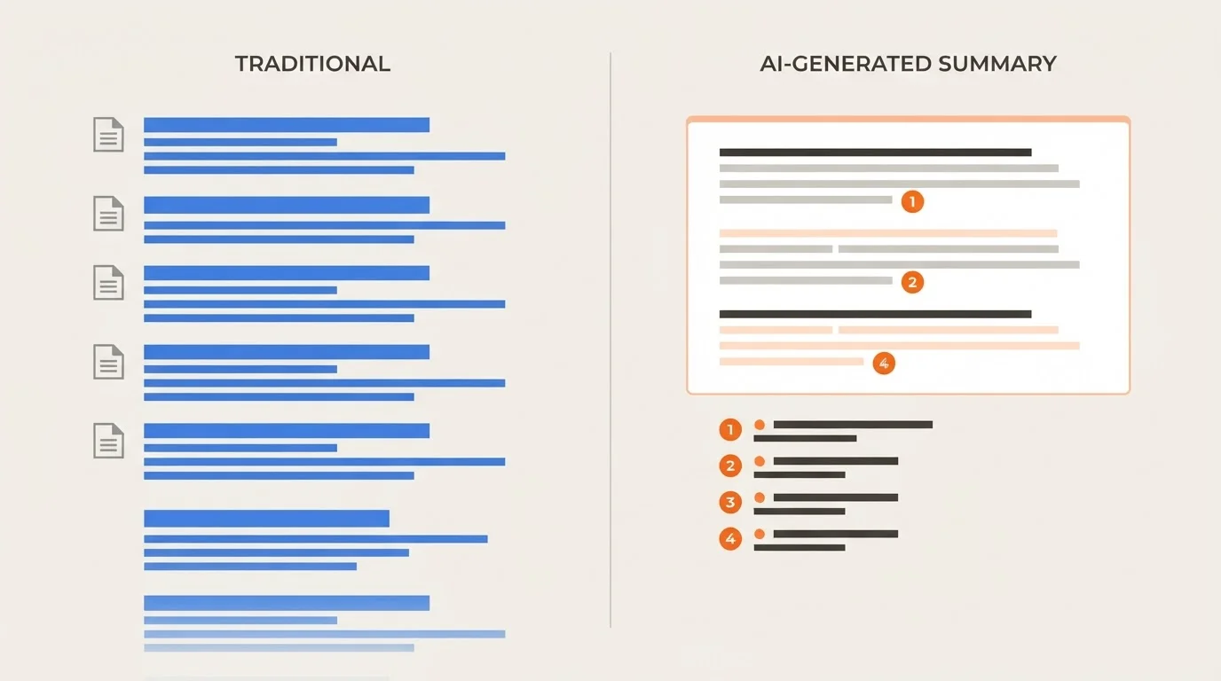 Comparison between traditional search engine results and AI-generated search summaries with citations.