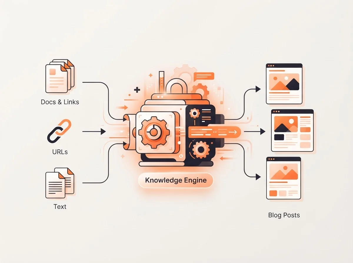 Diagram showing product knowledge documents being transformed into blog articles by an AI engine.