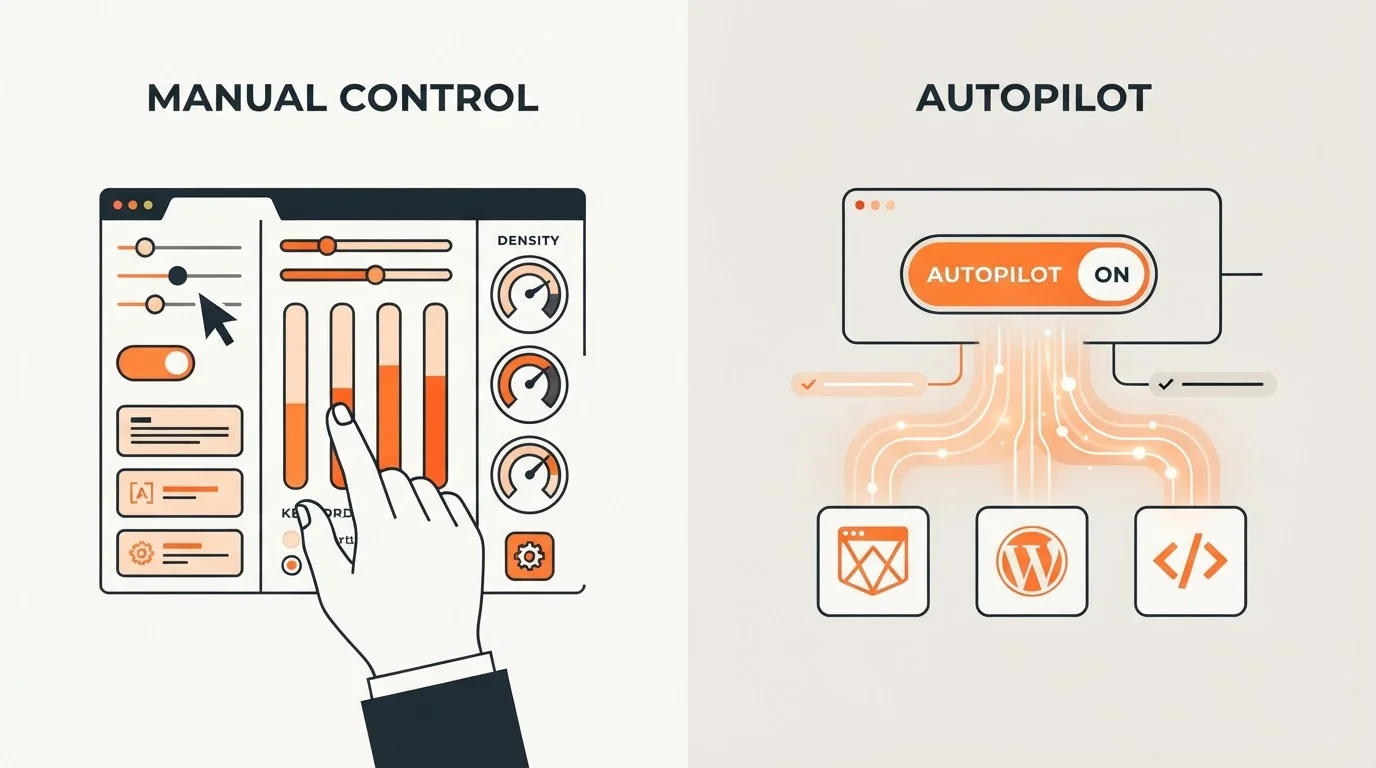 Comparison of manual SEO control versus autonomous autopilot publishing