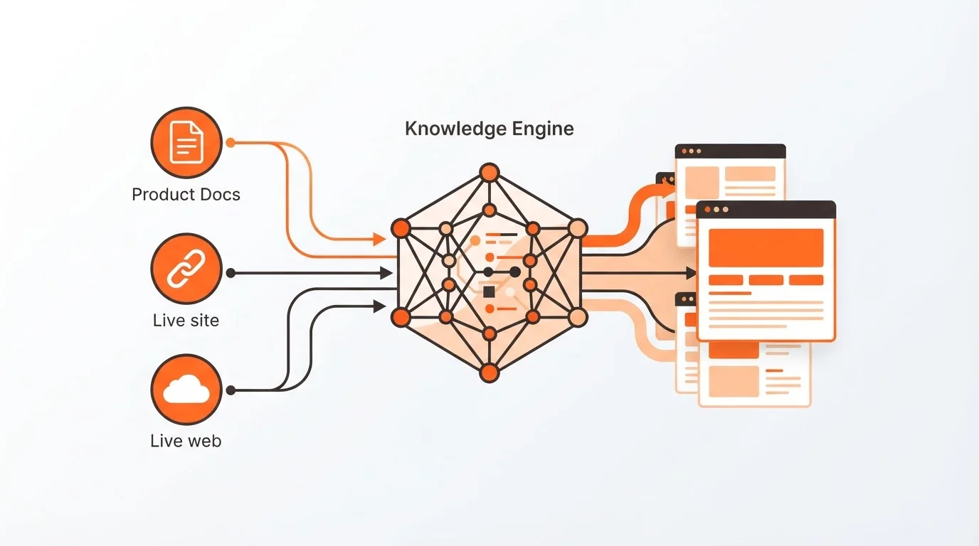 Diagram showing how the Knowledge Engine transforms product documentation into blog content.