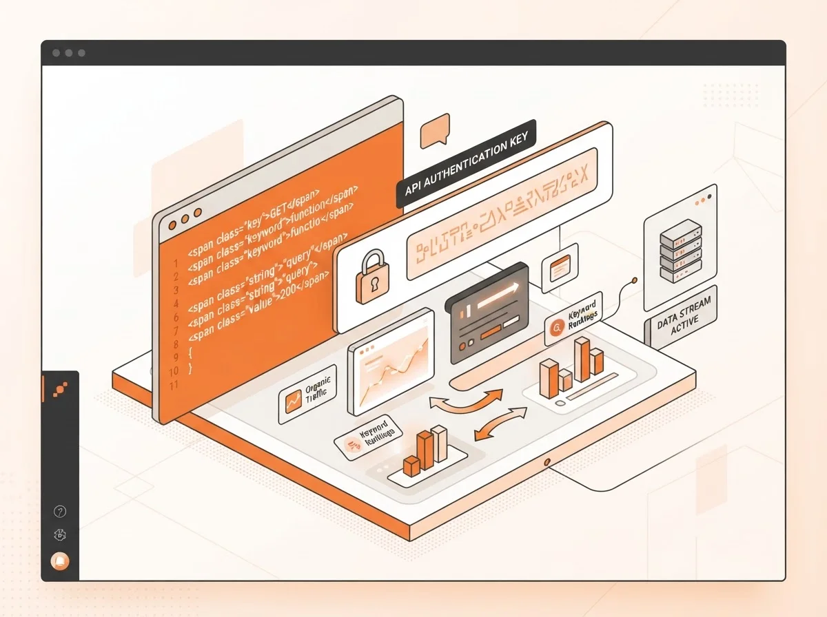 A developer-focused dashboard showing API keys and search tracking data.