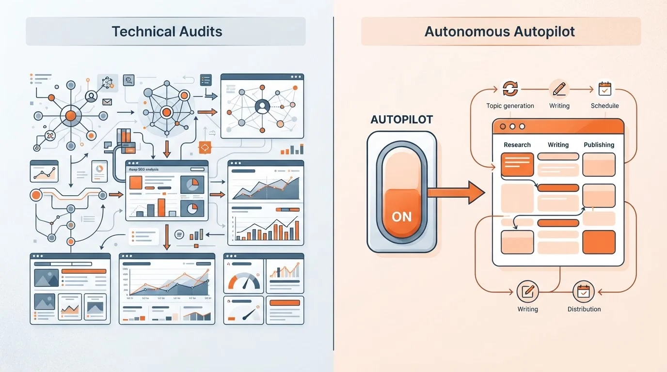 Comparison between technical SEO audits and autonomous content automation.