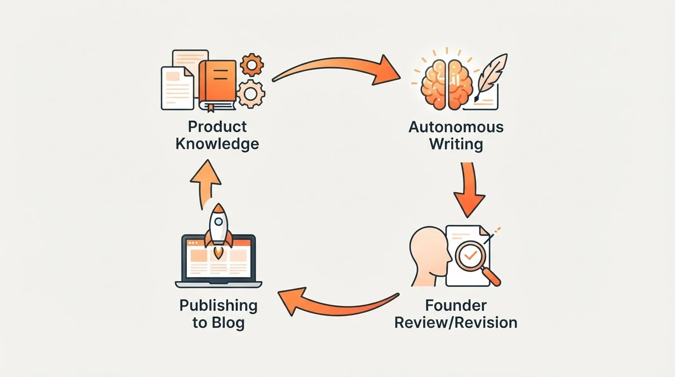 Diagram showing the autonomous blogging workflow from product knowledge to published content.