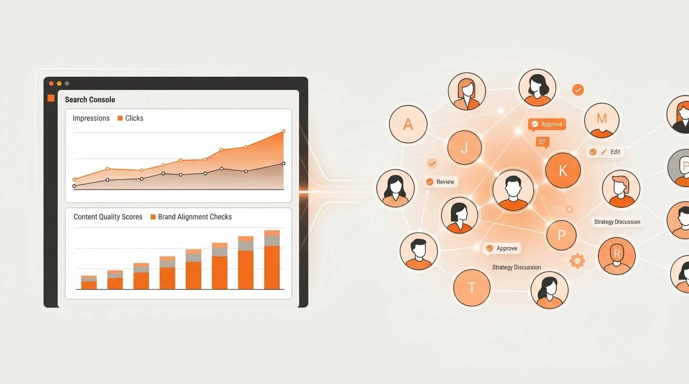 Dashboard showing SEO performance metrics and collaborative team features.