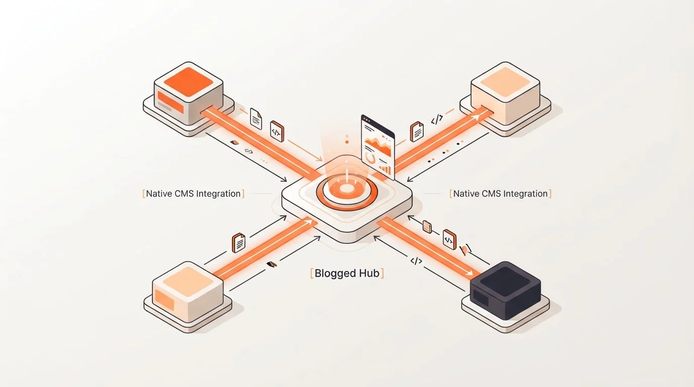 Architecture diagram illustrating Blogged native CMS integrations and data feedback loops