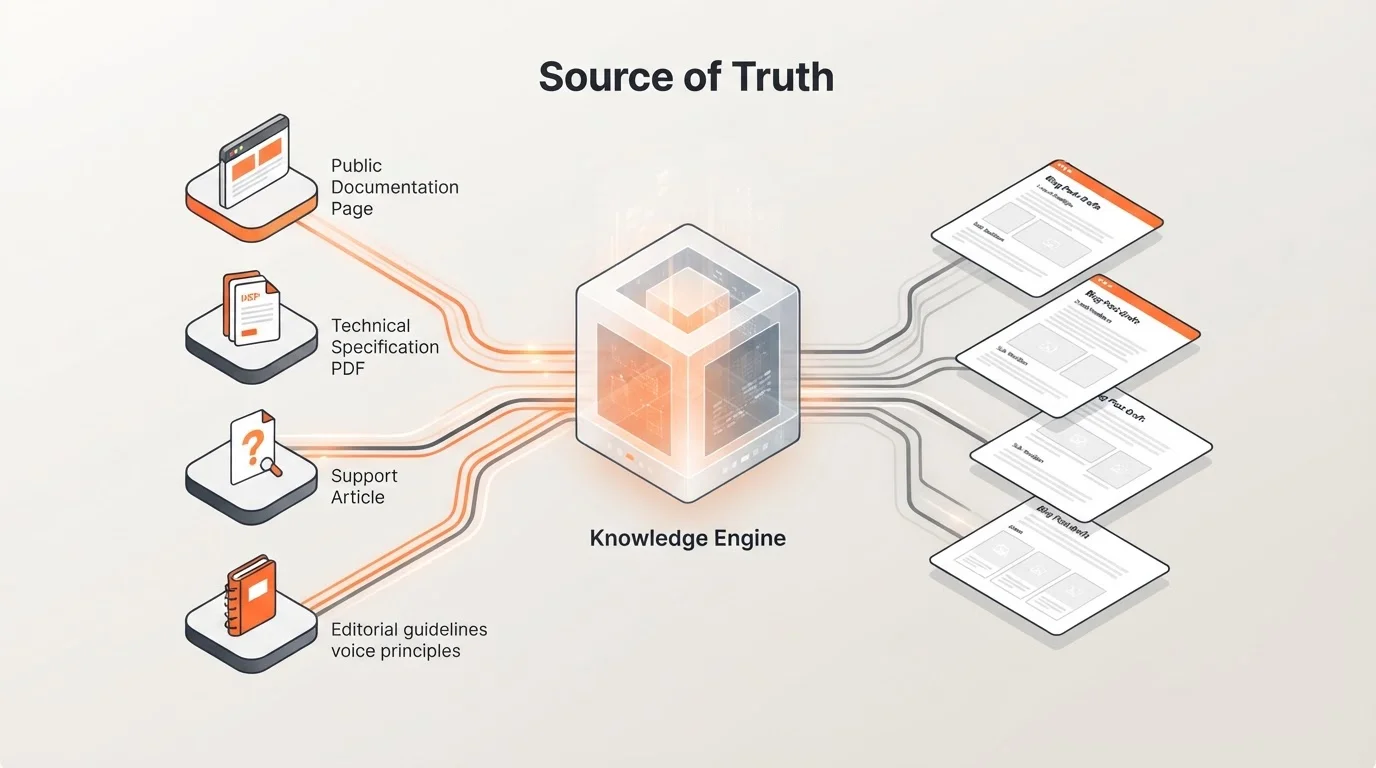 Diagram showing product documentation feeding into a knowledge engine for content creation
