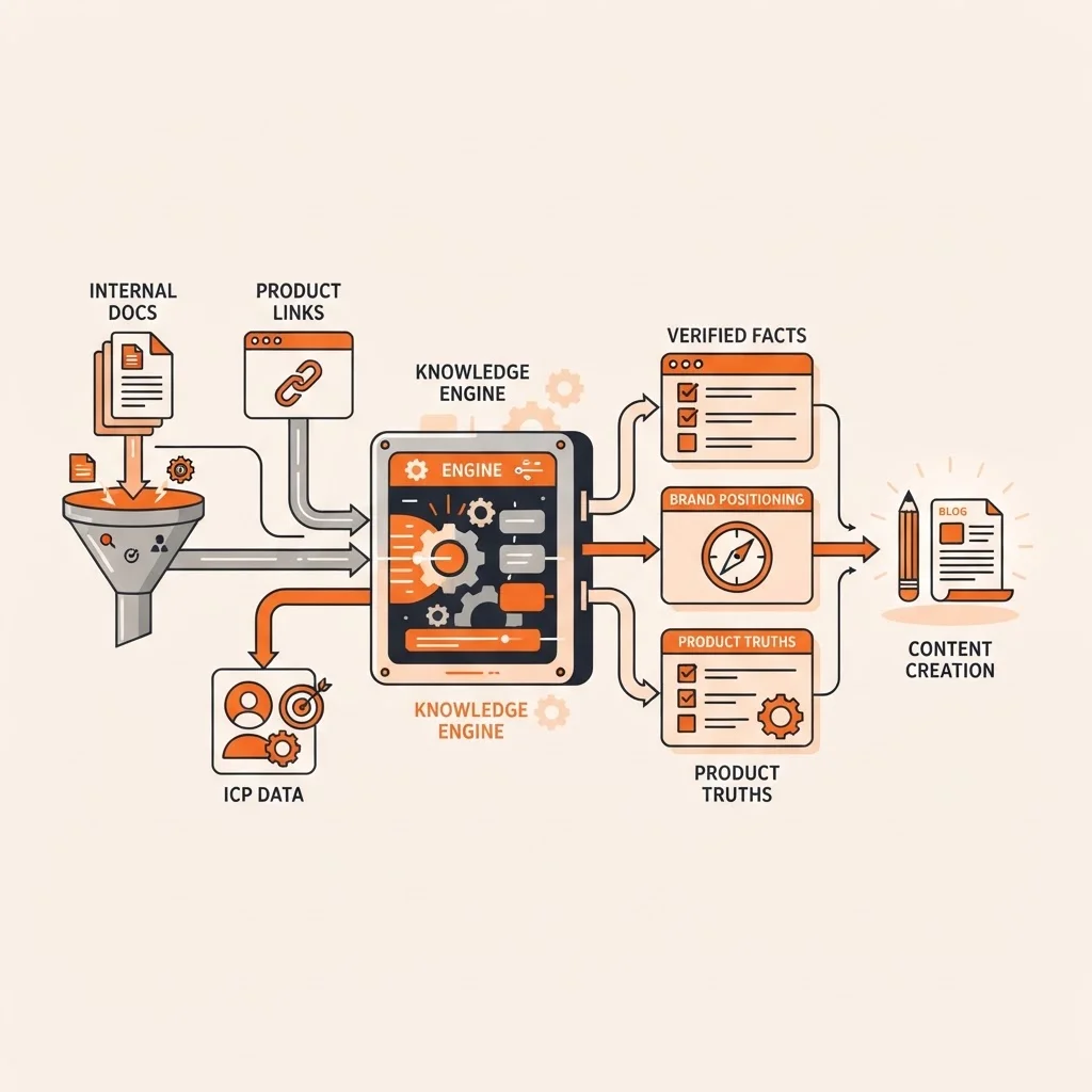 Diagram showing product knowledge being organized into verified facts for autonomous blogging