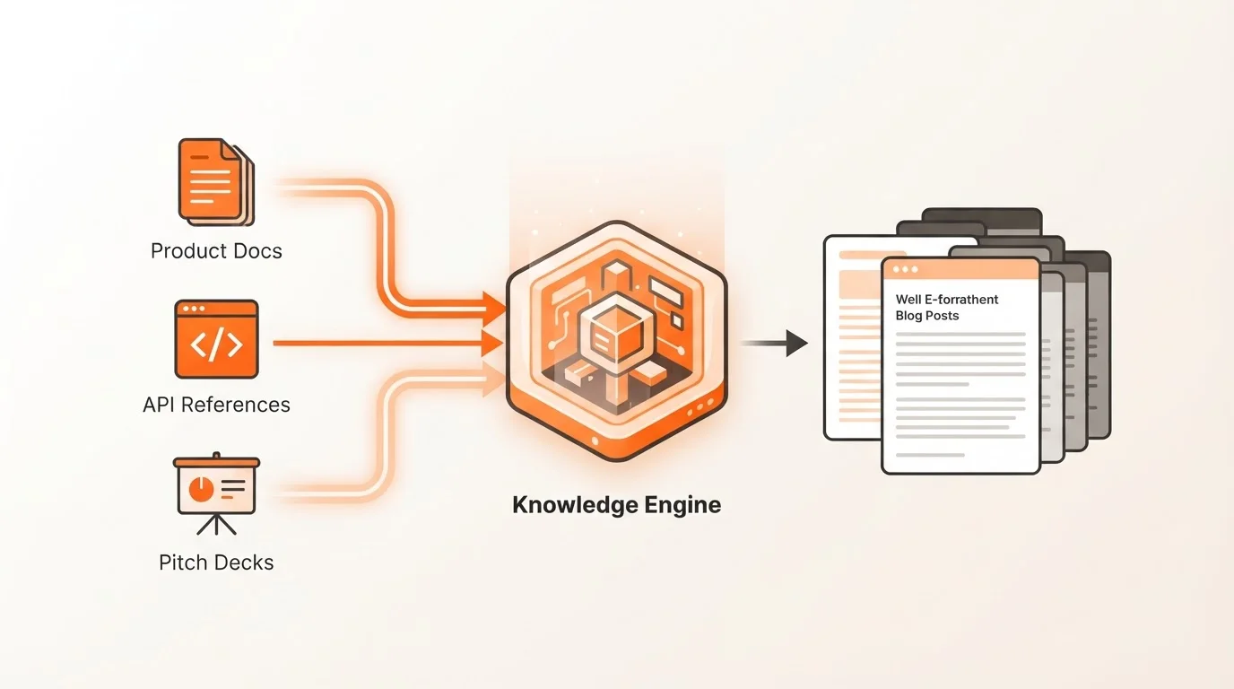 Diagram showing how product documentation feeds into a SaaS knowledge engine for autonomous blogging.