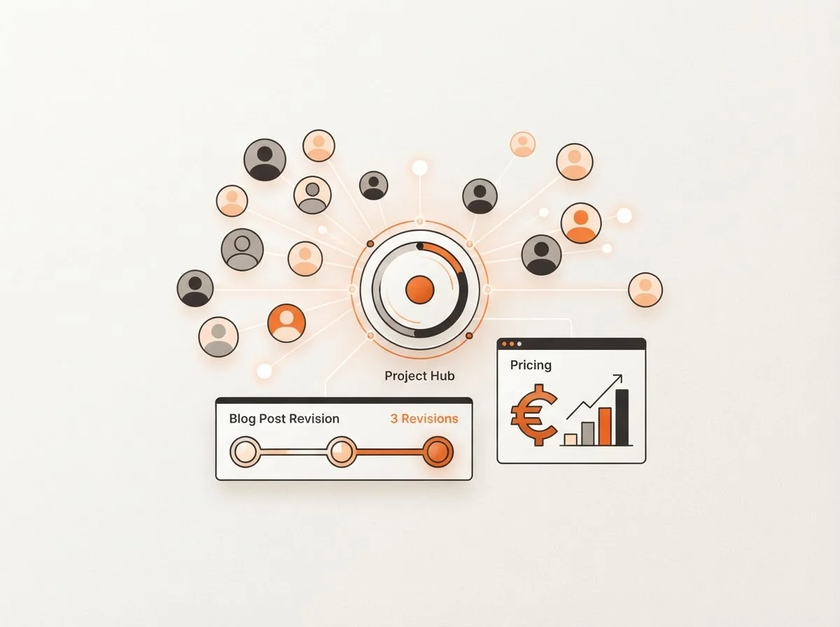 Dashboard mockup showing team seats and article revision management.