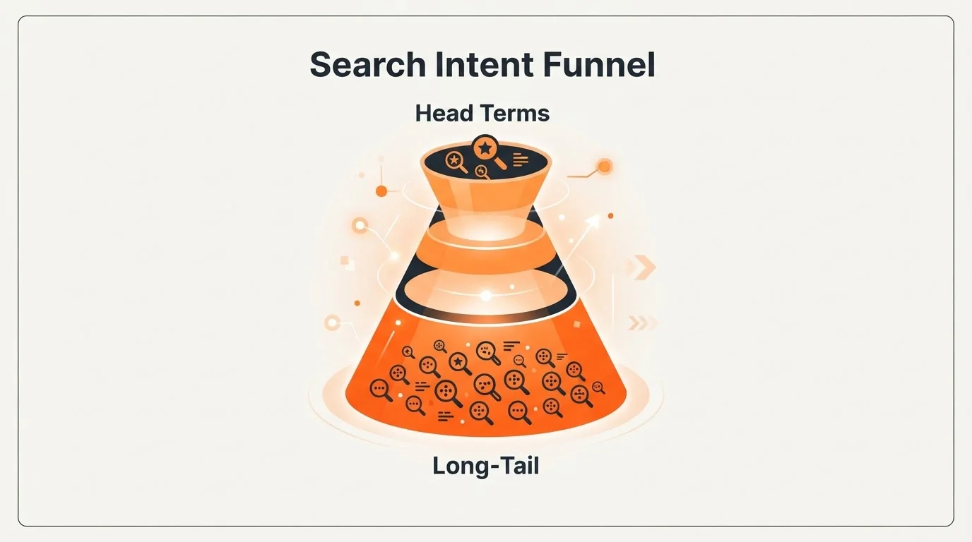 Diagram comparing head terms and long-tail keywords for SaaS SEO strategy.