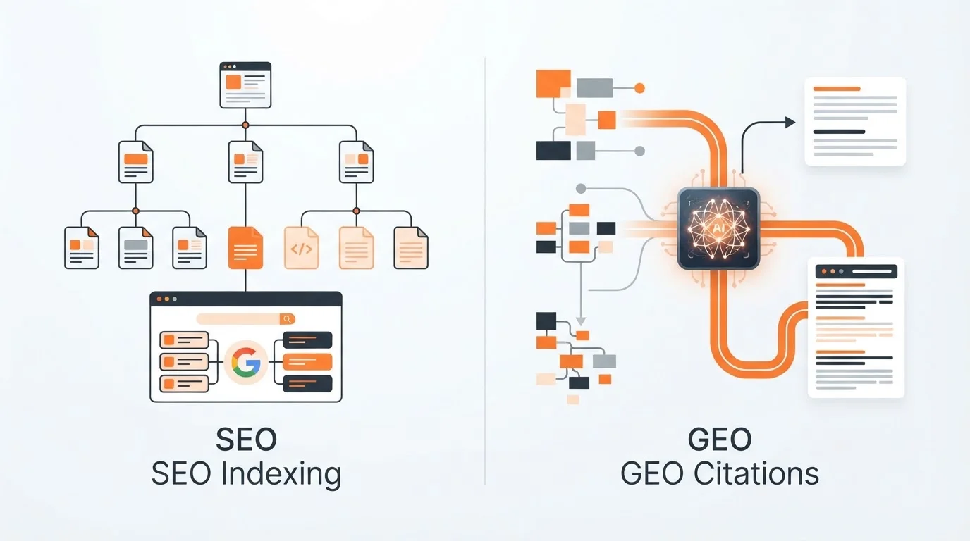 A split infographic comparing traditional search engine optimization index pathways with generative engine optimization citation models.
