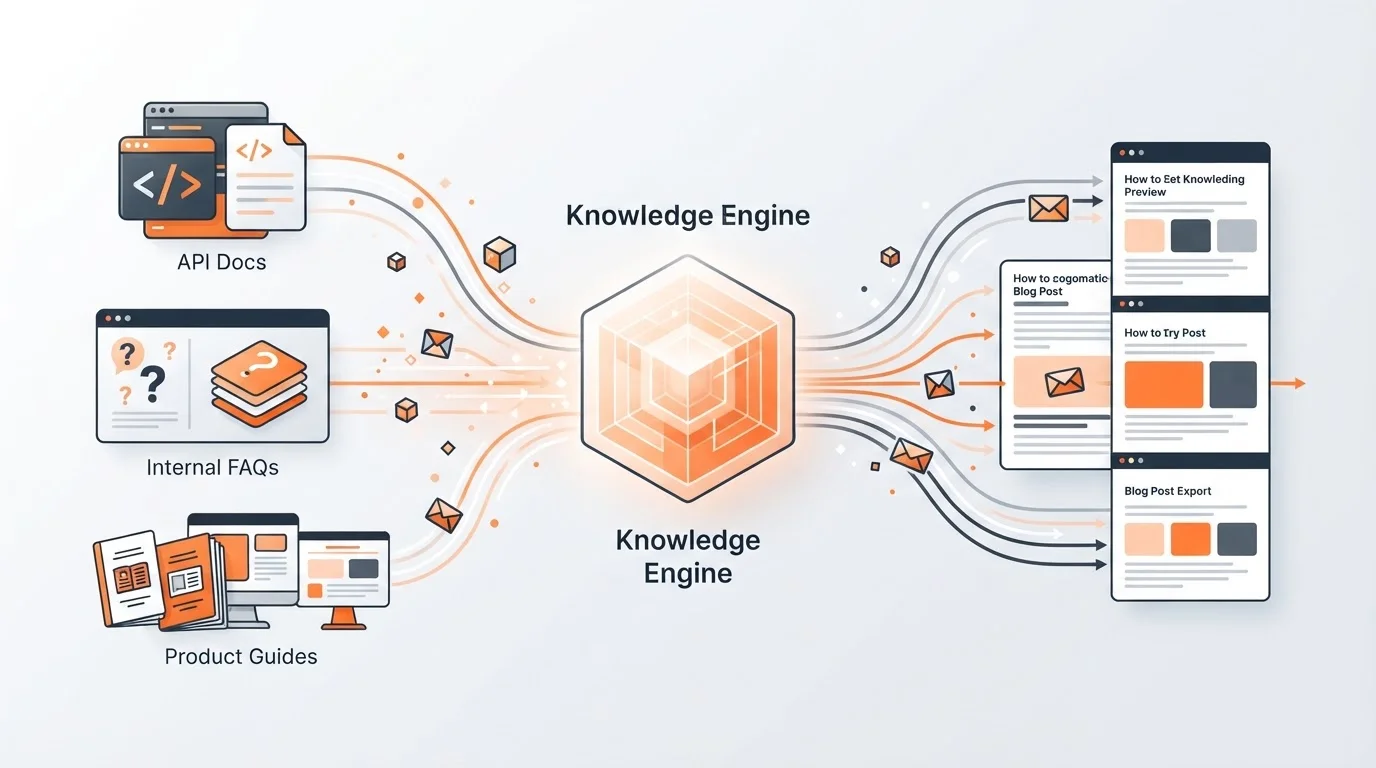 Diagram of a SaaS Knowledge Engine transforming documentation into blog content