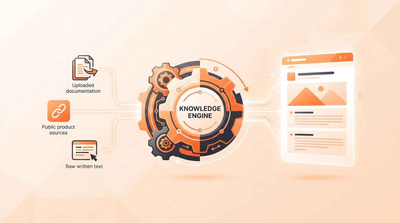 Diagram of the Blogged Knowledge Engine transforming product data into blog content.