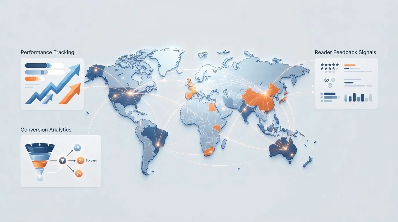 SaaS automated content dashboard showing international organic growth performance and conversion attribution metrics across regional subdomains.
