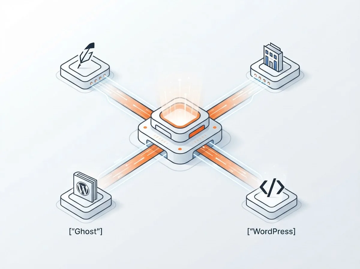 Visual representation of Blogged's integration with Ghost, WordPress, and Webflow for autonomous publishing.
