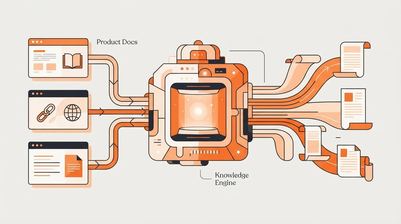 Diagram of product documentation flowing into a knowledge engine to create autonomous content