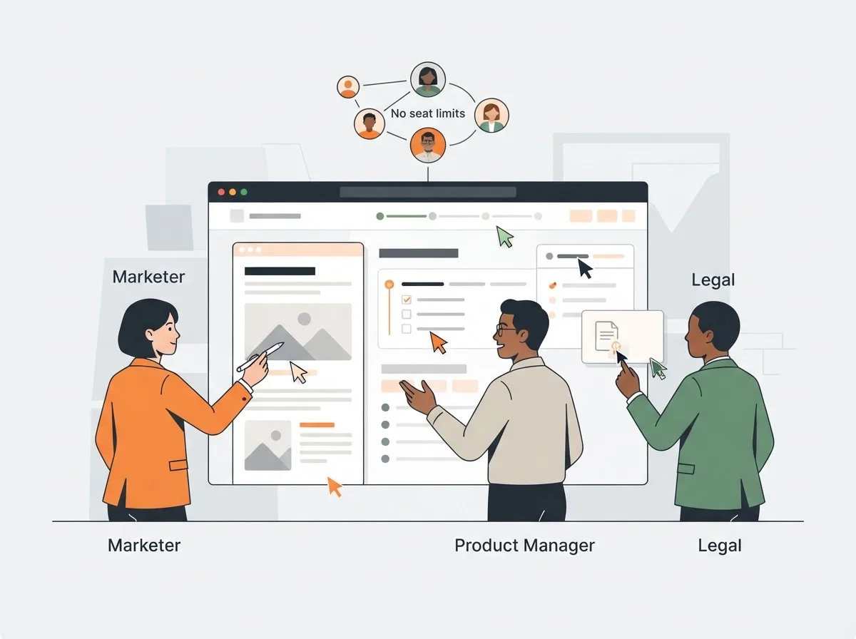 Illustration of cross-functional team members reviewing content in a single platform
