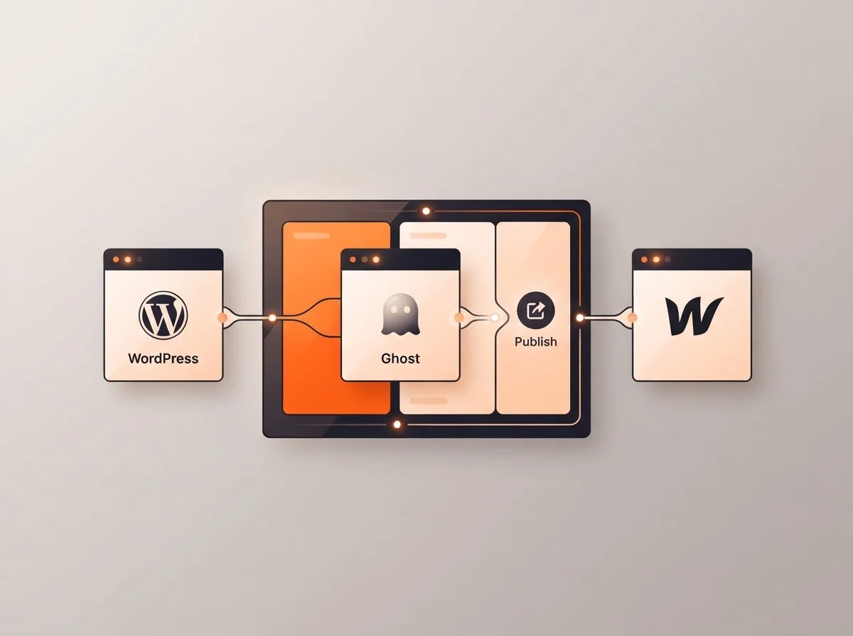 Interface showing integration options for WordPress, Ghost, and Webflow.