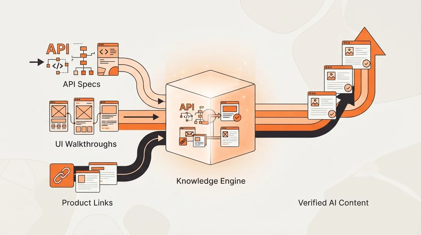 Diagram showing how a Knowledge Engine grounds AI content in product facts.