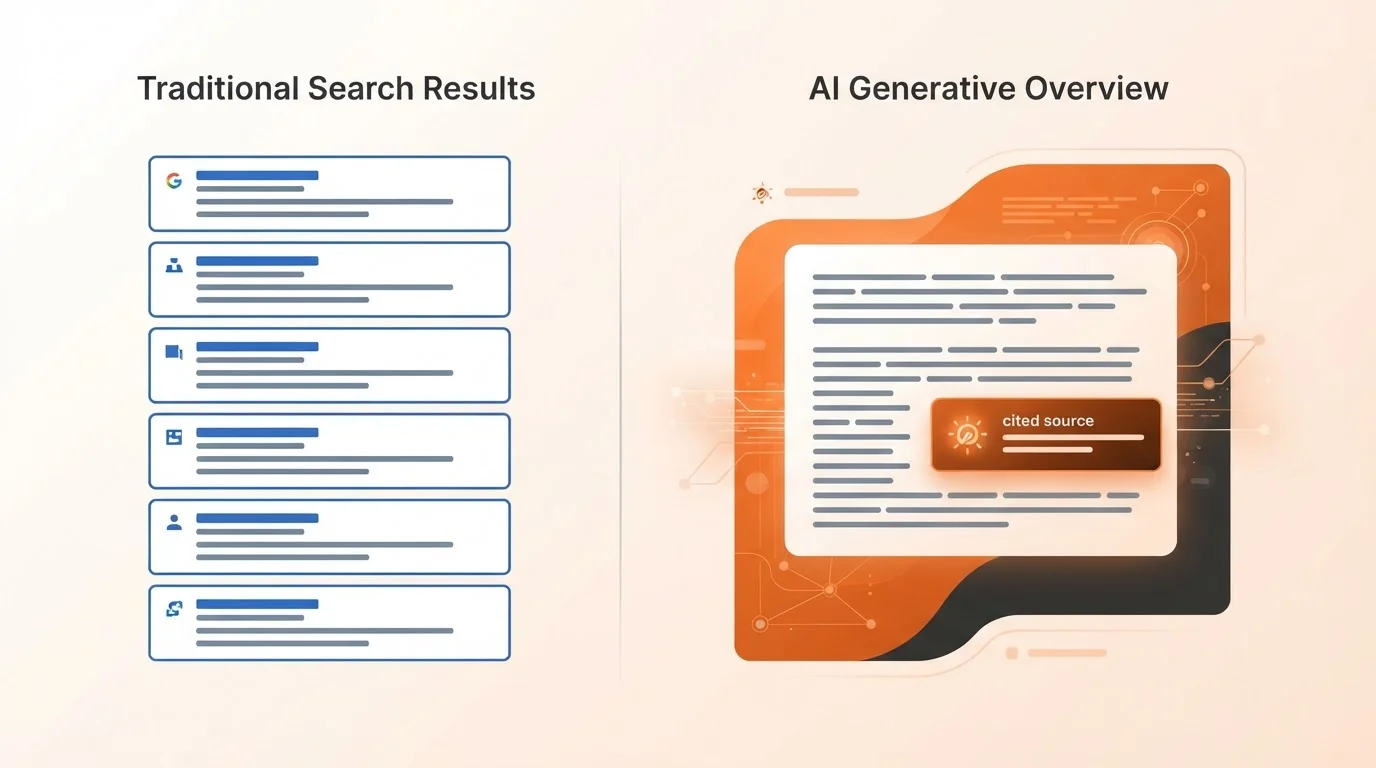 Comparison between traditional SEO search results and a cited AI generative response.