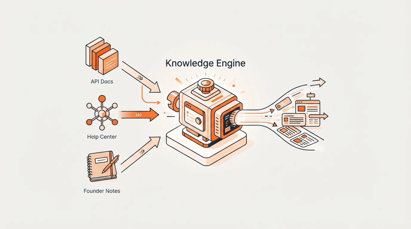Diagram showing how the Blogged Knowledge Engine transforms technical documentation into content.