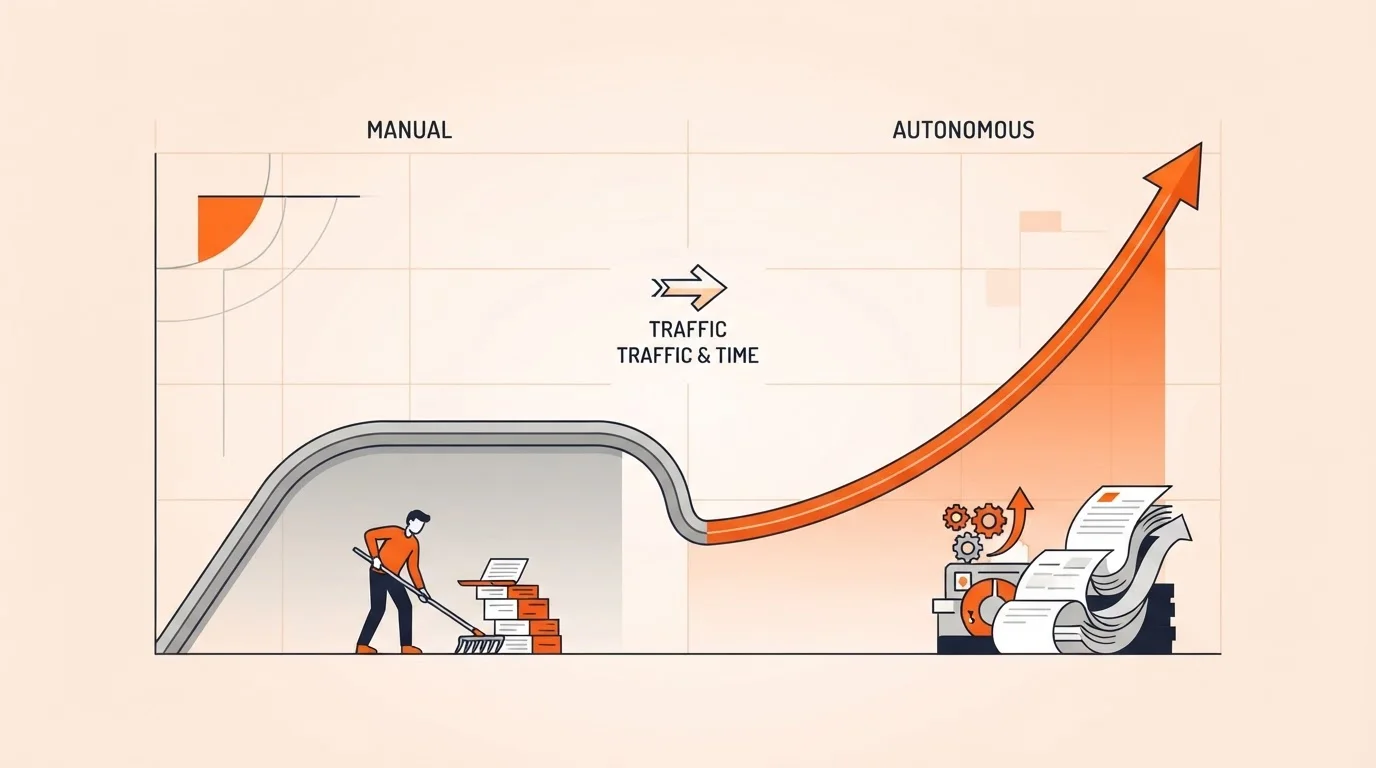 Comparison graph of organic growth between manual maintenance and autonomous content operations.