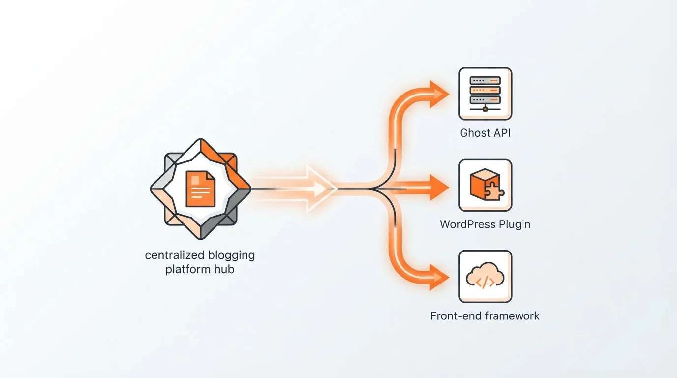 Icons of Ghost, WordPress, and Next.js connected to a central hub