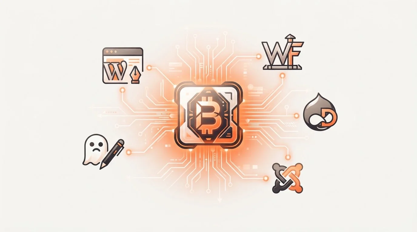 Icons of WordPress, Ghost, and Webflow connected to Blogged