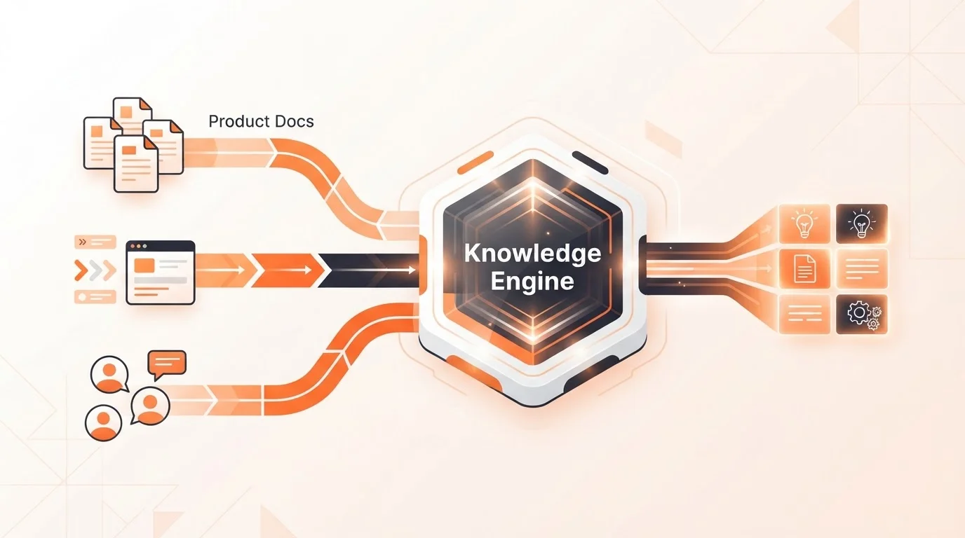 Diagram of a SaaS knowledge engine processing documentation into content.