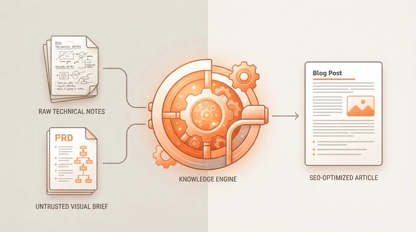 Knowledge Engine transforming raw notes into a blog post