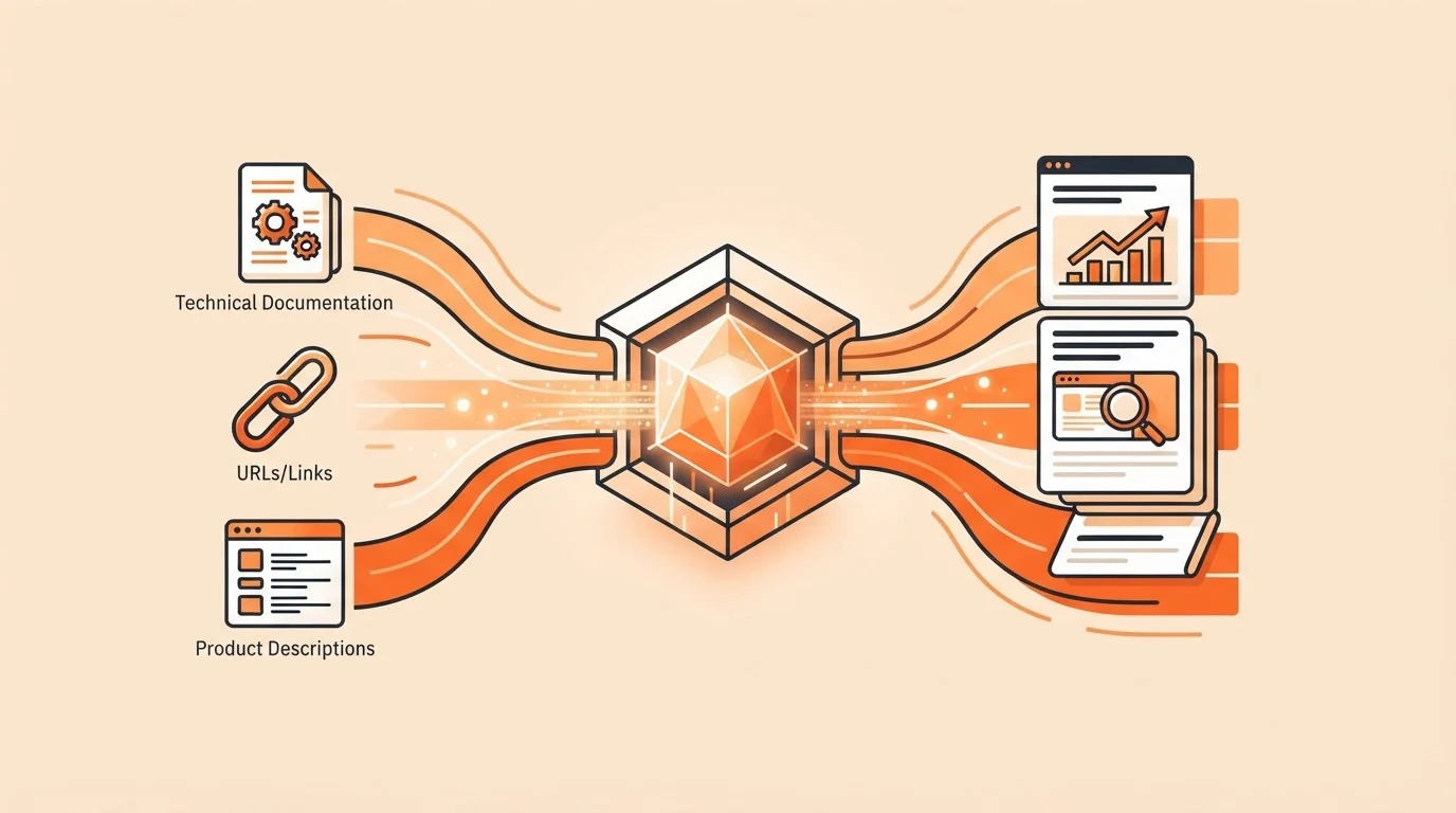 Diagram showing product knowledge being transformed into autonomous blog posts