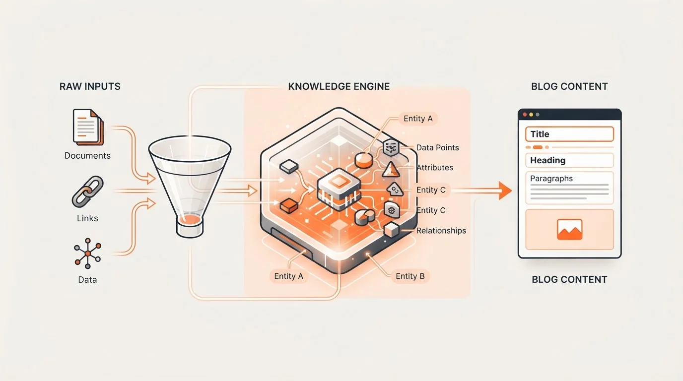 Diagram showing the Blogged Knowledge Engine transforming product facts into content.