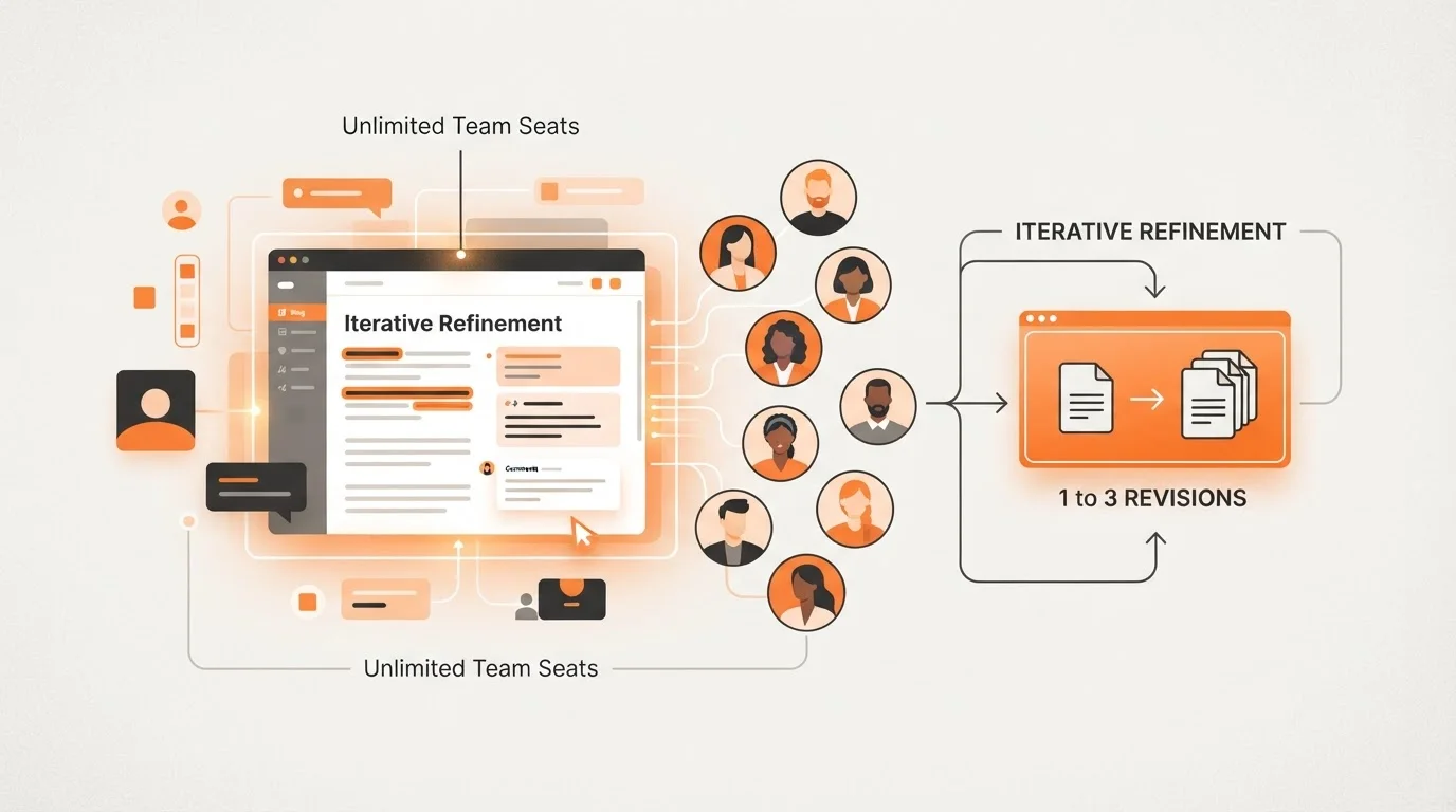 Collaborative review interface showing revision options and team access.