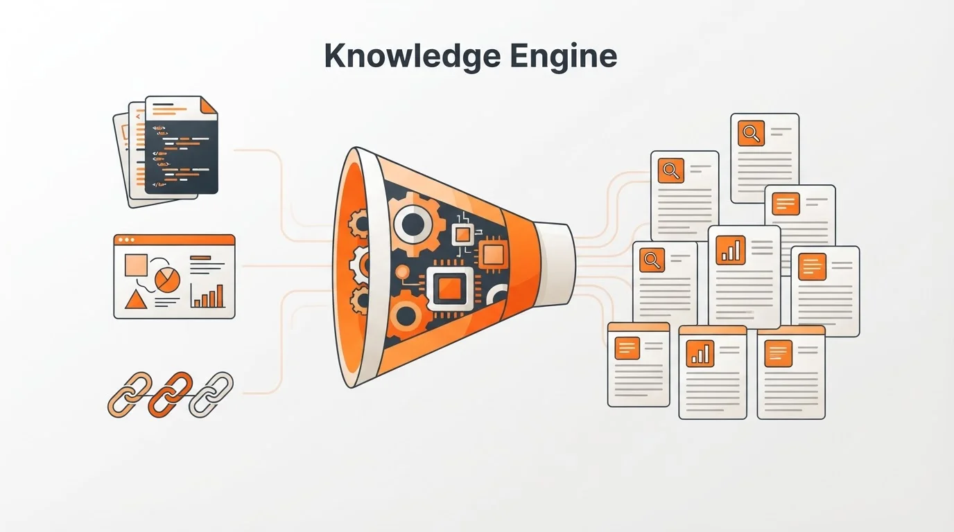 Diagram of the Blogged Knowledge Engine transforming product documents into blog content.